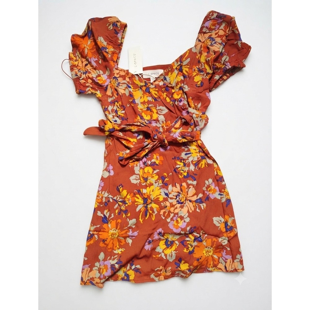 L*Space Cambria Mini Dress Rust Orange Floral Wrap Tie Short Sleeve CAMDR24 S
